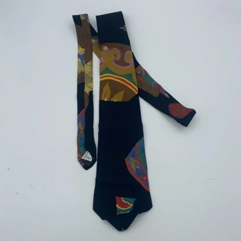 Fling Vintage Black Abstract Multicolored Print Men's Tie 100% Rayon